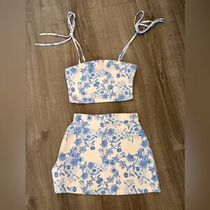 SHEIN White & Blue Floral Crop Top and Mini Skirt Set